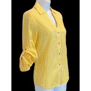 Kut by the Kloth Women's Plaid Yellow White Roll Tab Slv Plaid Top Blouse SZ XS